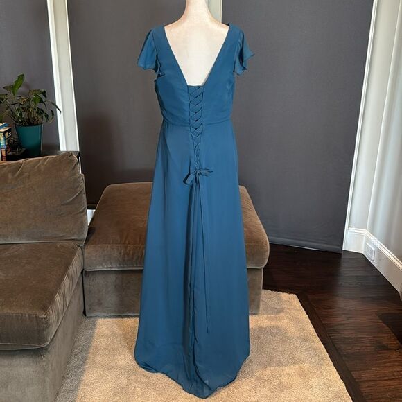 Women’s Blue Full Length Chiffon Formal Dress Flutter Sleeve Corset Back Size 10 - Picture 4 of 11